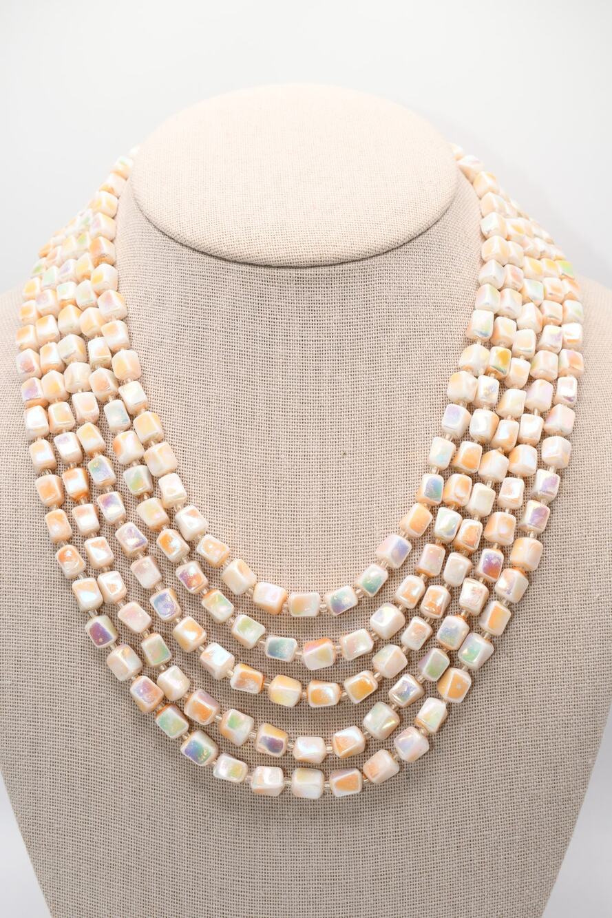 Vintage Japan 5 Strand Iridescent Pastel Cube Bead Necklace 19”
